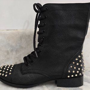 Womens Black Faux Leather Gold Spike Stud  Lace Up No Heel Boot